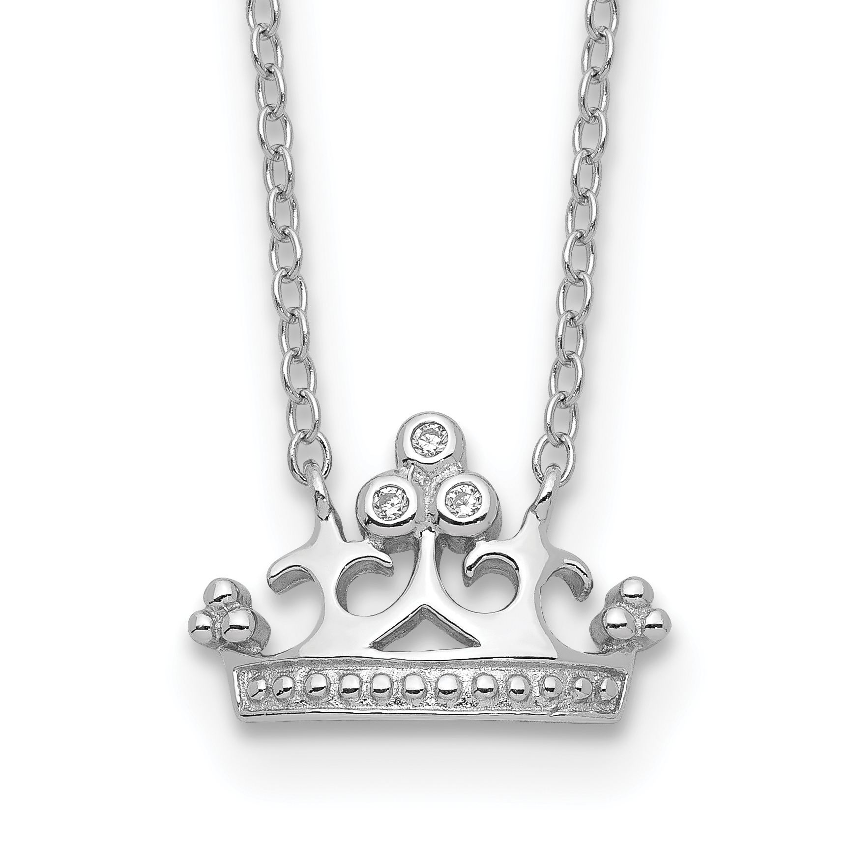 Sterling Silver Rhodium-plated Polished & Beaded CZ Crown with 2 Inch Extension Necklace (QG3688-16)
