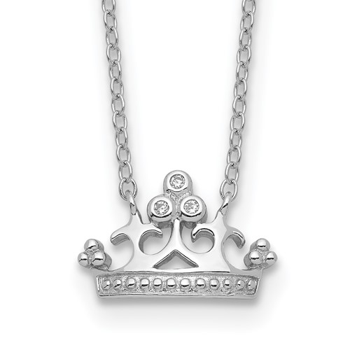 Sterling Silver Rhodium-plated Polished & Beaded CZ Crown Necklace with 2 Inch Extension, 16"