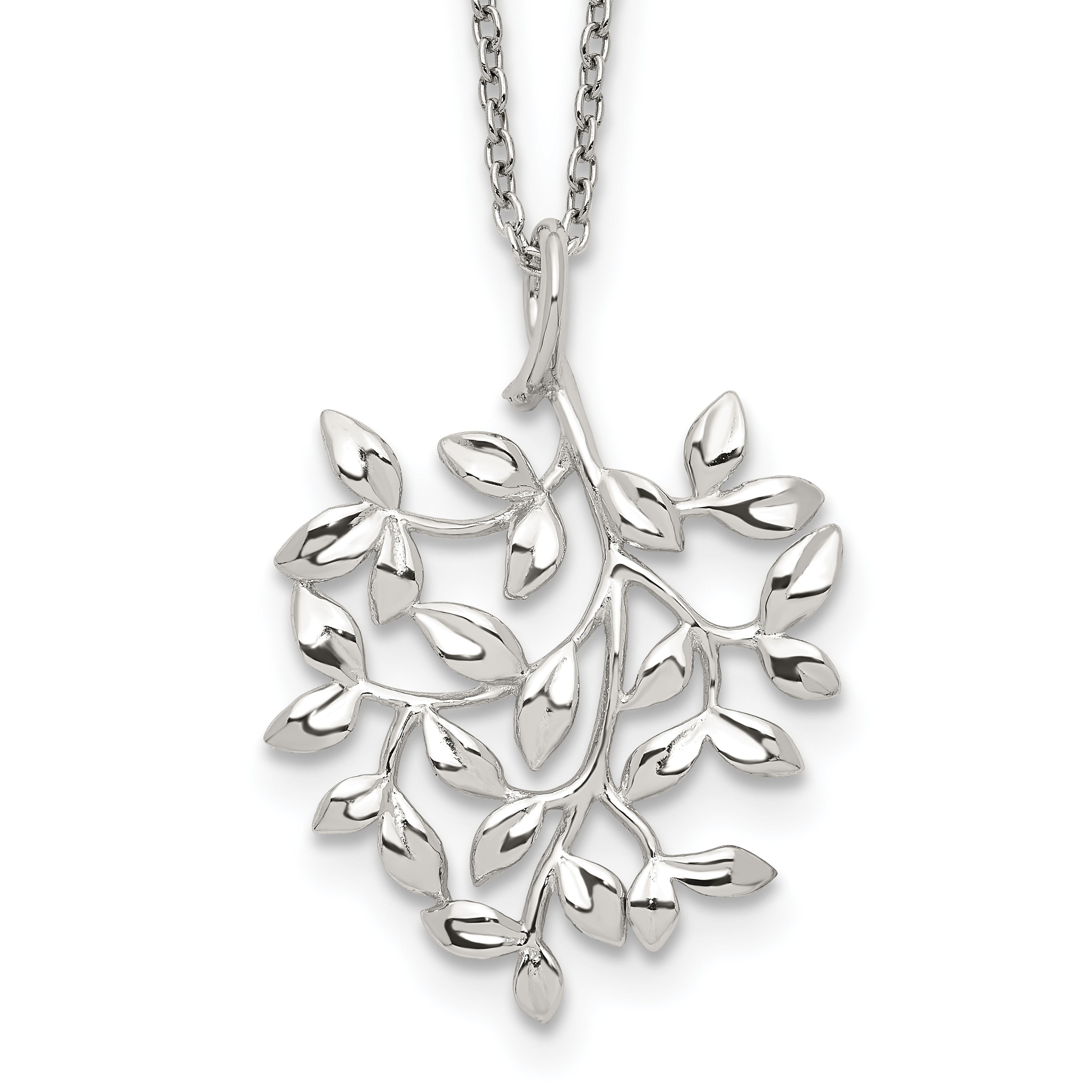Sterling Silver Rhodium-plated Polished CZ Leaf Necklace (QG3706-18)