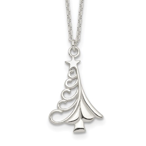 Sterling Silver Polished Swirled Christmas Tree Necklace, 18"