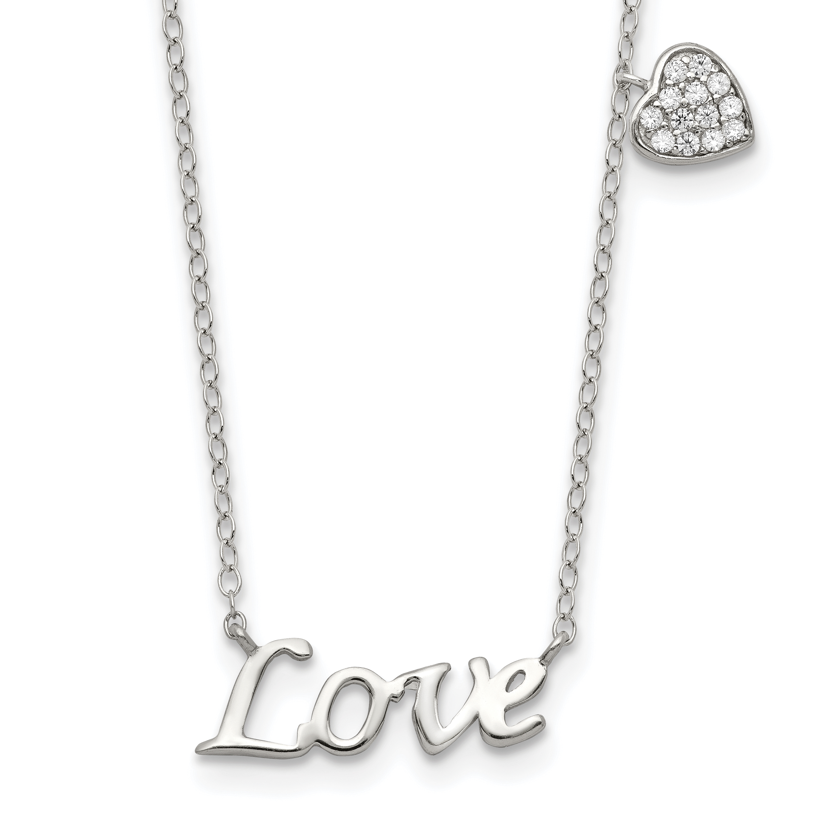 Sterling Silver Rhodium-plated Polished LOVE with CZ Heart Necklace (QG3726-18)