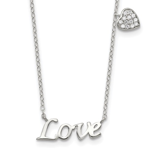 Sterling Silver Rhodium-plated Polished Love Necklace with CZ Heart Charm, 18"