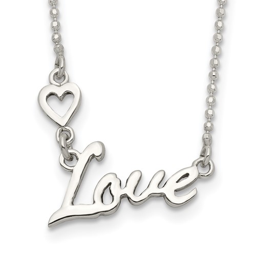 Sterling Silver Polished Love Necklace with Heart, 18"