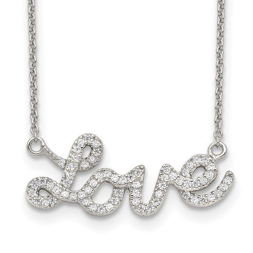 Sterling Silver Rhodium-plated Polished CZ Love Necklace, 18"
