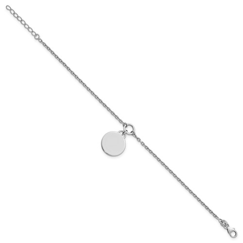 Sterling Silver Rhodium-plated Engravable 15mm Round Disc Cable Link Bracelet with 1 Inch Extension, 7"