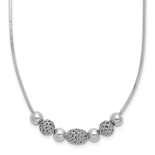 Sterling Silver Rhodium-plated Polished and Filigree Bead Necklace, 18"