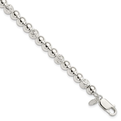 Sterling Silver Polished and Diamond-cut Beaded Bracelet, 7.5"