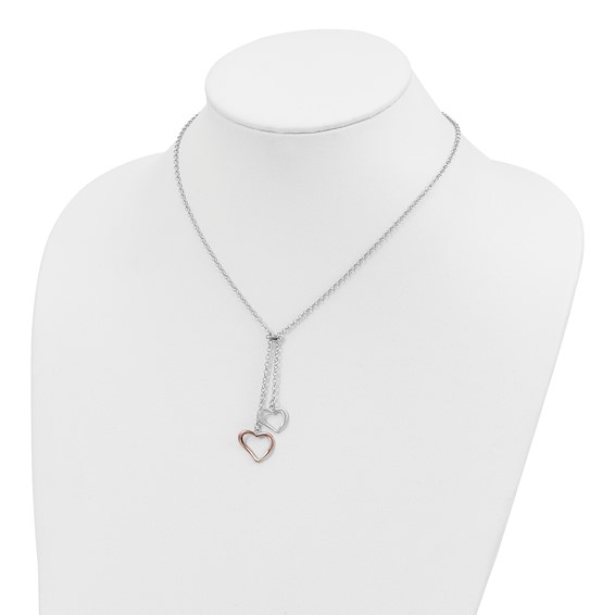 Sterling Silver Rose-tone Polished Textured 2-Heart Necklace