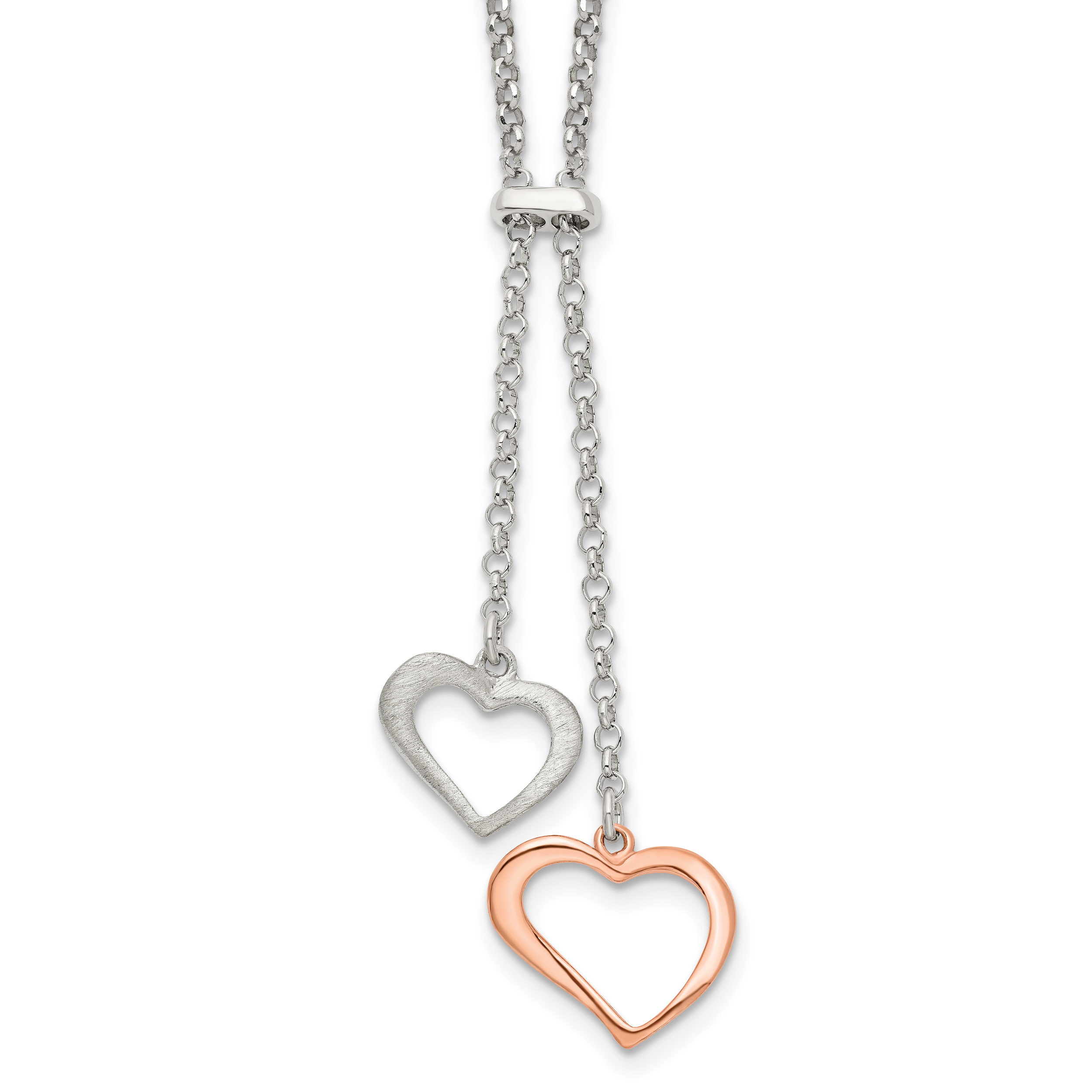 Sterling Silver Rose-tone Polished Textured 2-Heart Necklace (QG3808-16.5)