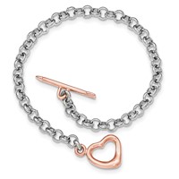 Sterling Silver Rhodium-plated Rose-tone Rolo Link Heart and Arrow Toggle Bracelet, 7.75" view 3