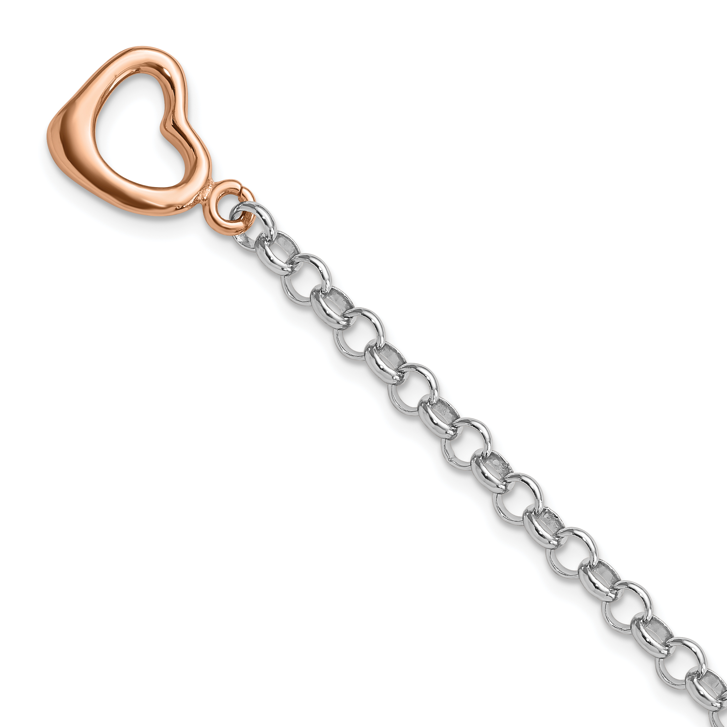 Sterling Silver Rhodium-plated Rose-tone Rolo w/Heart Bracelet (QG3810-7.75)