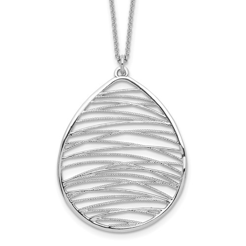 Sterling Silver Rhodium-plated Polished Scribble Teardrop Necklace with 1.75 Inch Extension, 16.5"