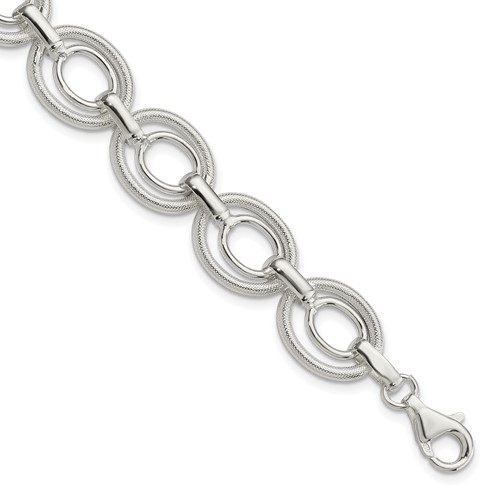 Sterling Silver Polished and Textured Double Oval Link Bracelet, 8"