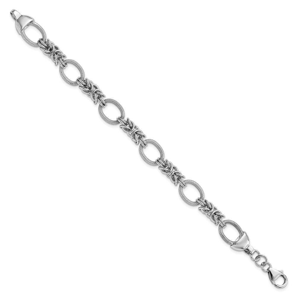 Sterling Silver Rhod-plated Polished Textured Fancy Link Bracelet (QG3893-7.5)