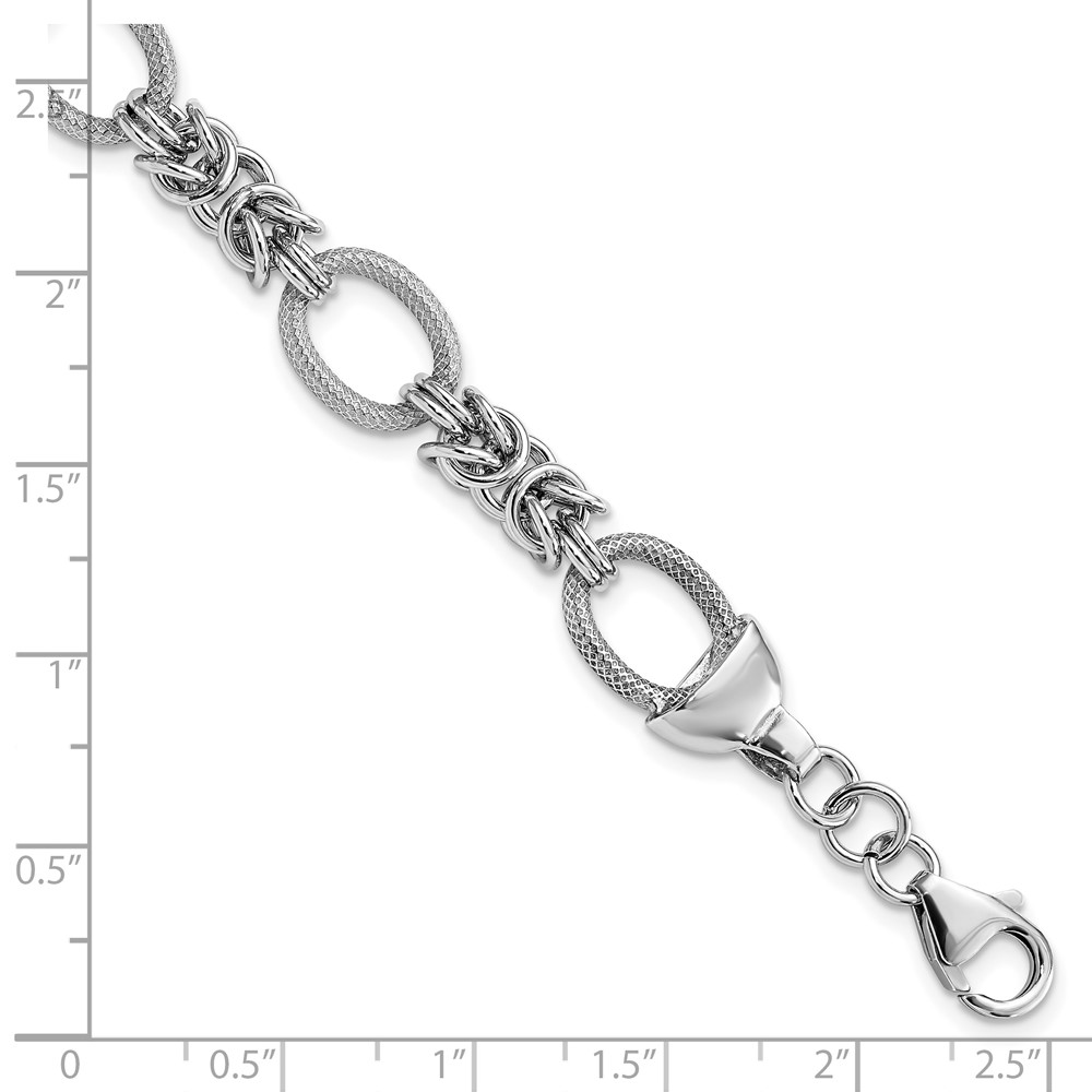 Sterling Silver Rhod-plated Polished Textured Fancy Link Bracelet (QG3893-7.5)