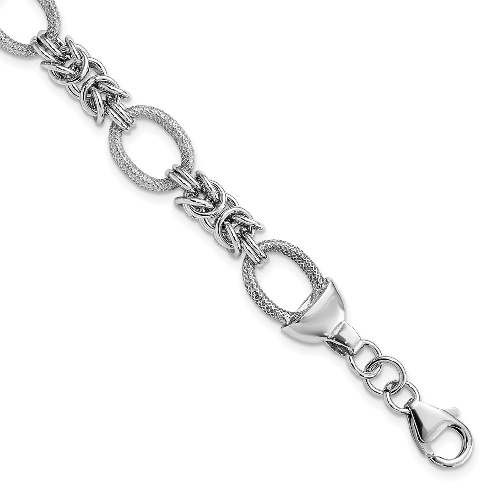 Sterling Silver Rhod-plated Polished Textured Fancy Link Bracelet (QG3893-7.5)