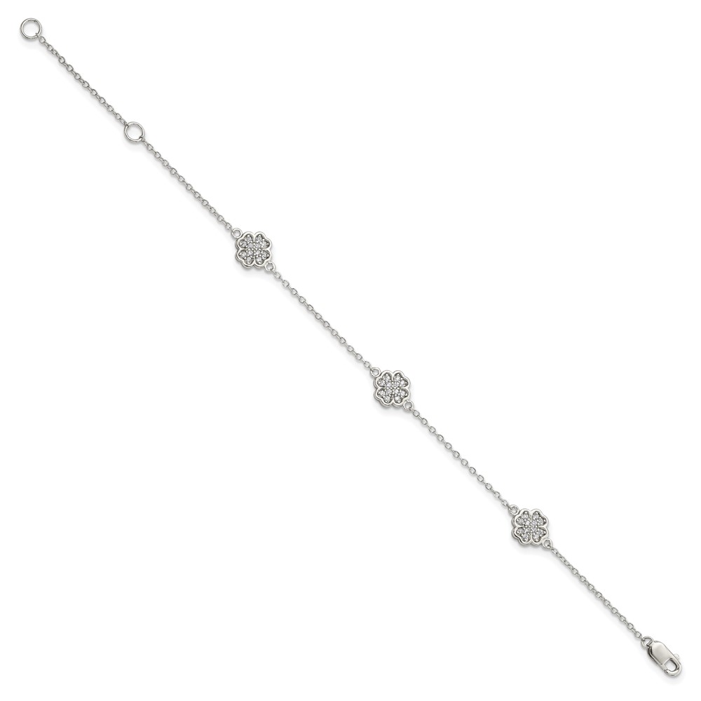 Sterling Silver Rhodium-plated Polished CZ Four Leaf Clover 7in Bracelet (QG3910-7)