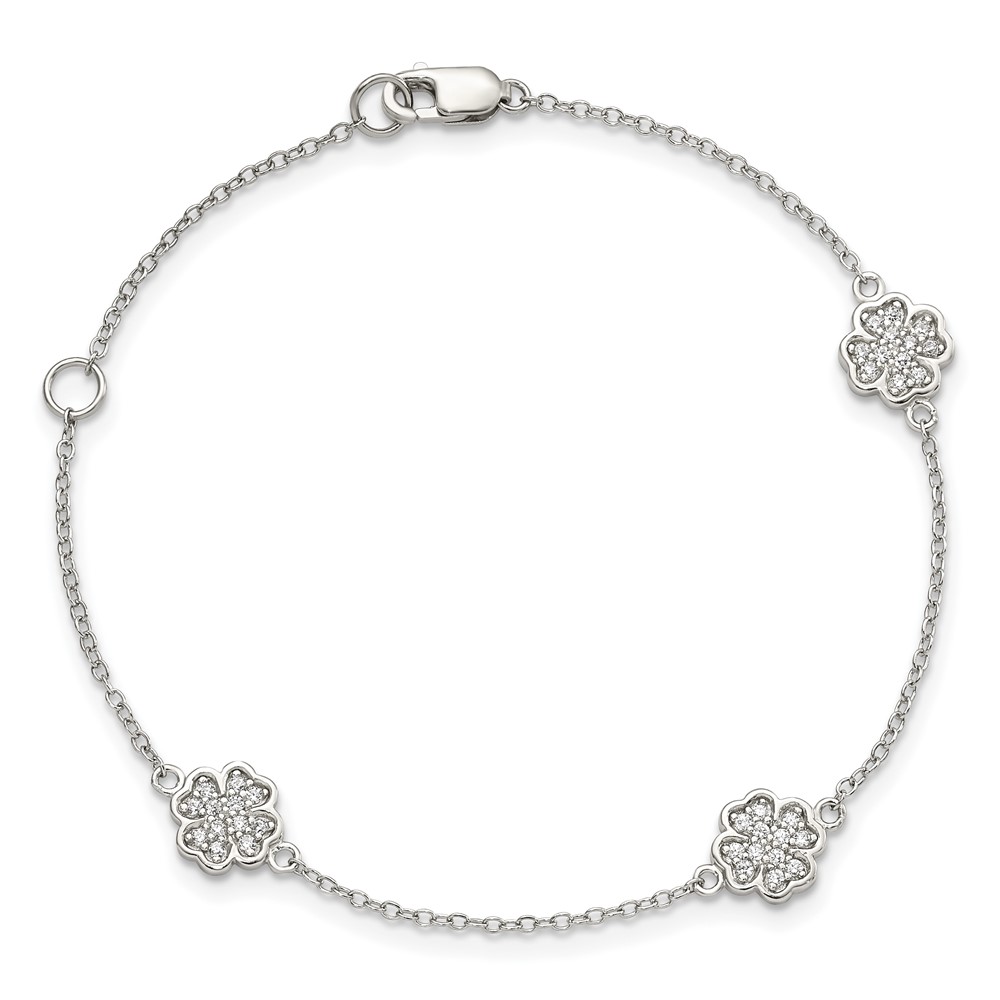 Sterling Silver Rhodium-plated Polished CZ Four Leaf Clover 7in Bracelet (QG3910-7)