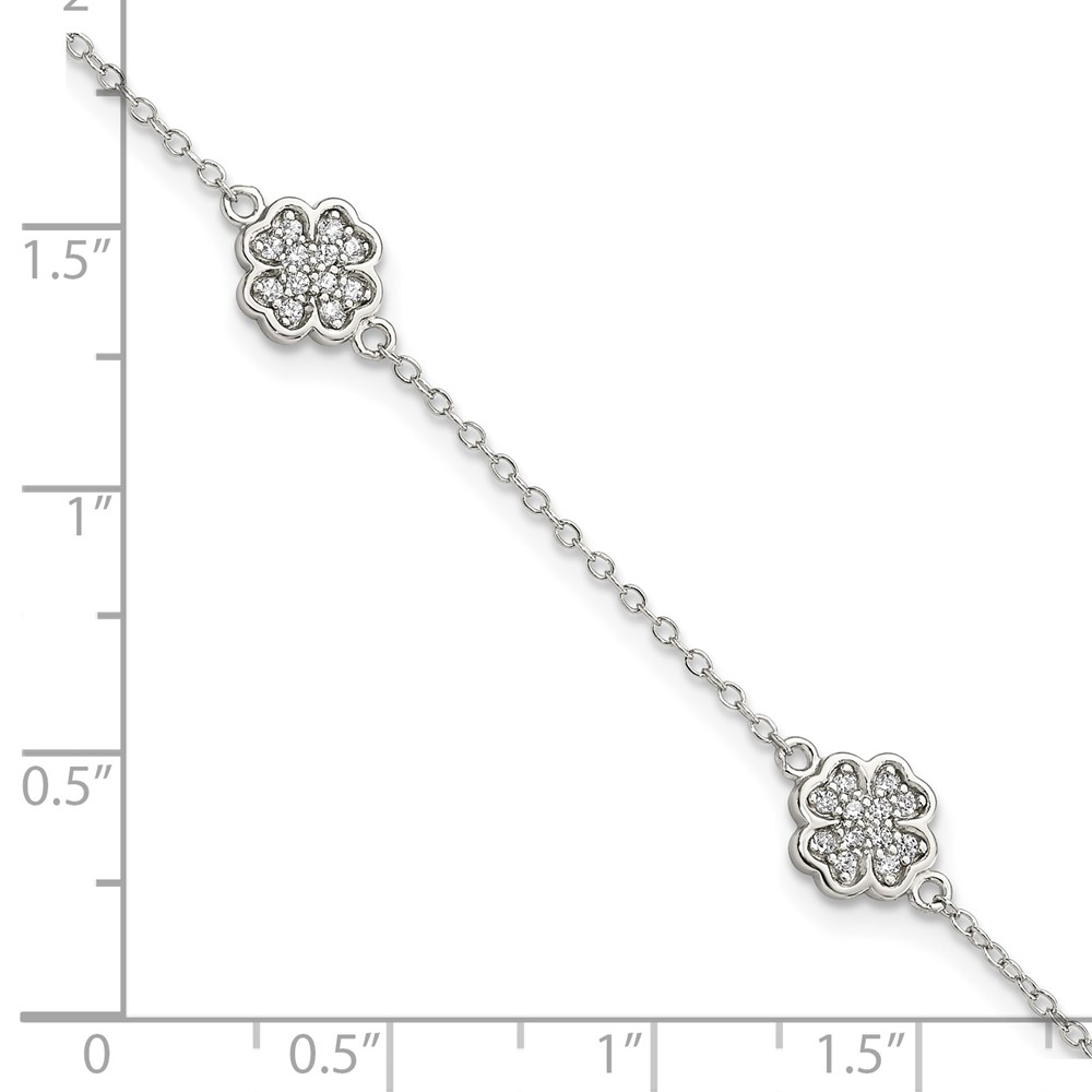 Sterling Silver Rhodium-plated Polished CZ Four Leaf Clover 7in Bracelet (QG3910-7)