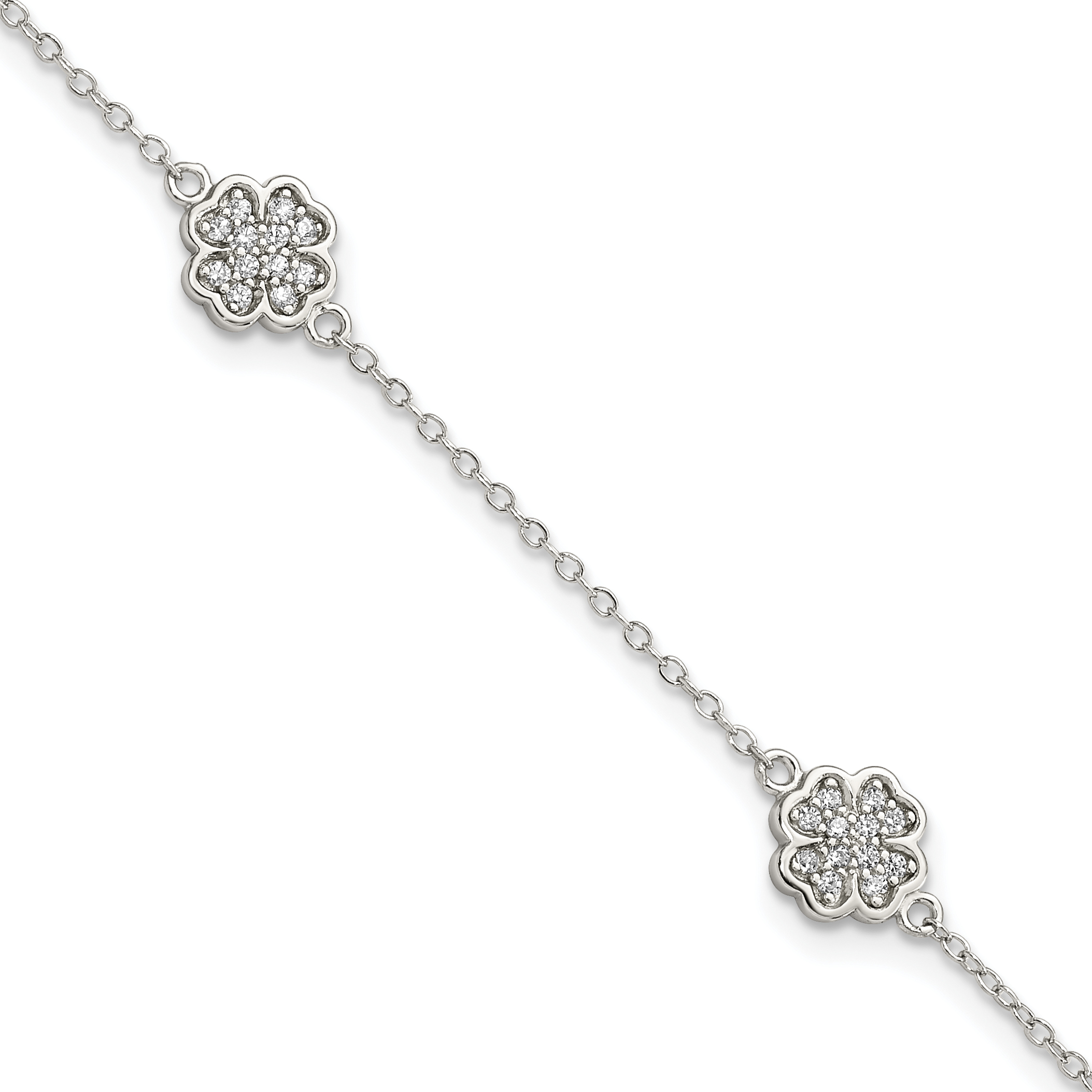 Sterling Silver Rhodium-plated Polished CZ Four Leaf Clover 7in Bracelet (QG3910-7)