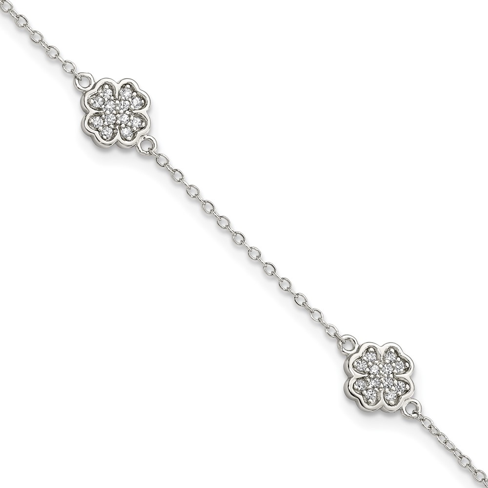 Sterling Silver Rhodium-plated Polished CZ Four Leaf Clover 7in Bracelet (QG3910-7)