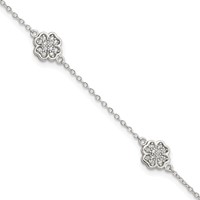Sterling Silver Rhodium-plated Polished CZ Four-Leaf Clover Bracelet, 7" view 1