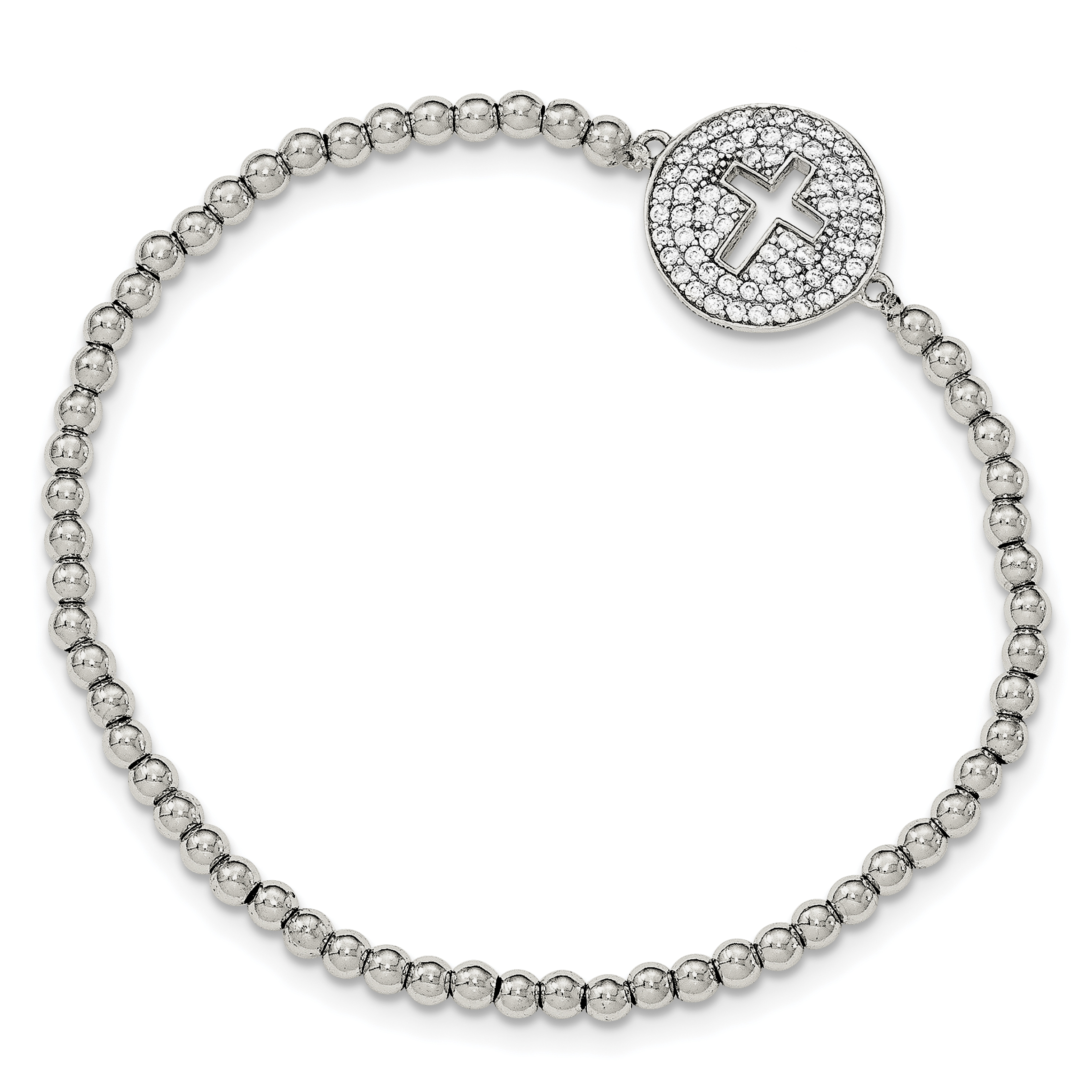 Sterling Silver Rhodium-plated CZ Cross Polished Beaded Stretch Bracelet (QG3912)