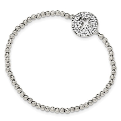 Sterling Silver Rhodium-plated Polished Cut-out Cross in CZ Circle Beaded Stretch Bracelet