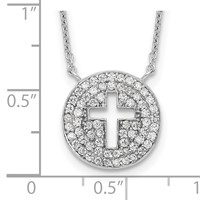 Sterling Silver Rhodium-plated Polished Cut-out Cross in CZ Circle Necklace, 18" view 3