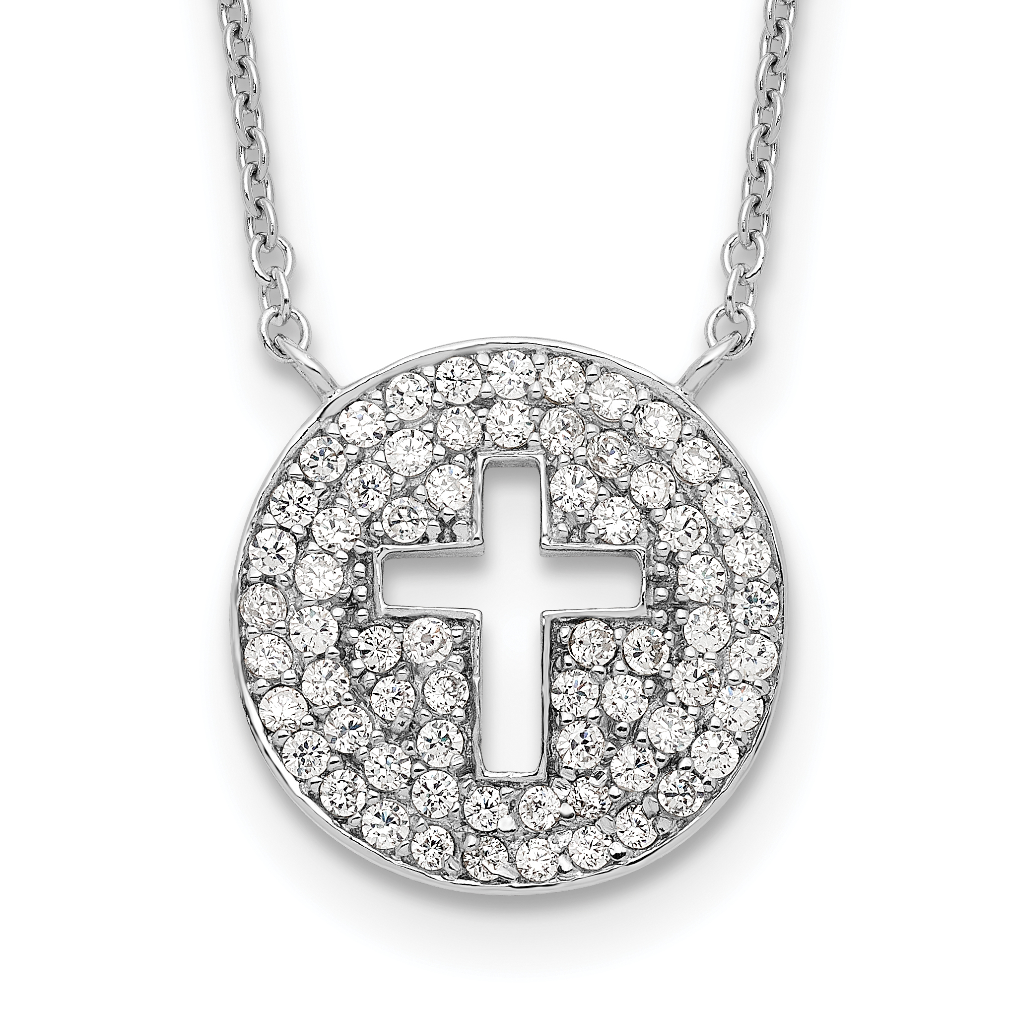 Sterling Silver 18in Rhodium-plated Polished CZ Cross Necklace (QG3913-18)
