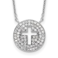 Sterling Silver Rhodium-plated Polished Cut-out Cross in CZ Circle Necklace, 18" view 1