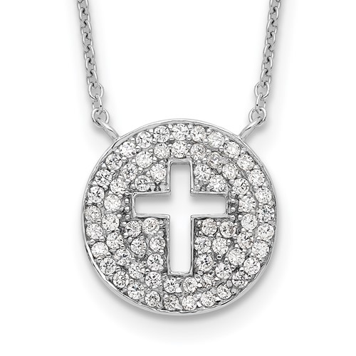 Sterling Silver Rhodium-plated Polished Cut-out Cross in CZ Circle Necklace, 18"