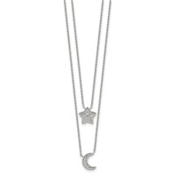 Sterling Silver Rhodium-plated Polished CZ Moon and Star Double Strand Necklace, 16" view 2
