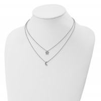 Sterling Silver Rhodium-plated Polished CZ Moon and Star Double Strand Necklace, 16" view 4