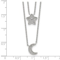 Sterling Silver Rhodium-plated Polished CZ Moon and Star Double Strand Necklace, 16" view 3