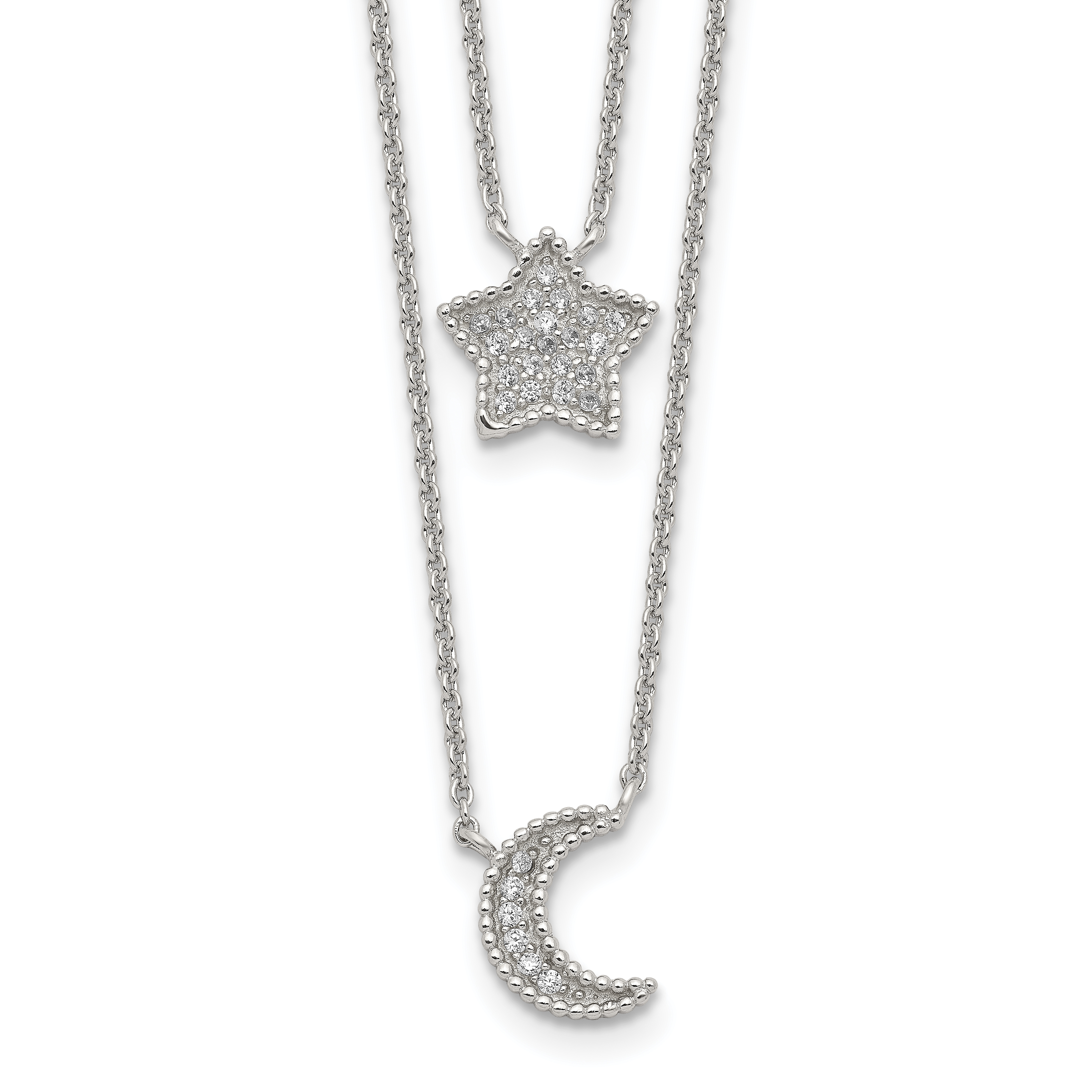 Sterling Silver RH-plated Polished CZ Moon and Star Double Strand Necklace (QG3948-16)