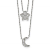 Sterling Silver Rhodium-plated Polished CZ Moon and Star Double Strand Necklace, 16" view 1