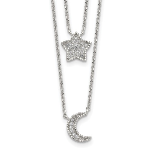 Sterling Silver Rhodium-plated Polished CZ Moon and Star Double Strand Necklace, 16"