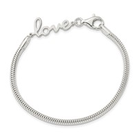 Sterling Silver Polished Snake Chain Bracelet with Love, 7.5" view 4