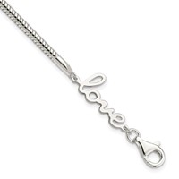 Sterling Silver Polished Snake Chain Bracelet with Love, 7.5" view 1