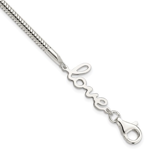 Sterling Silver Polished Snake Chain Bracelet with Love, 7.5"