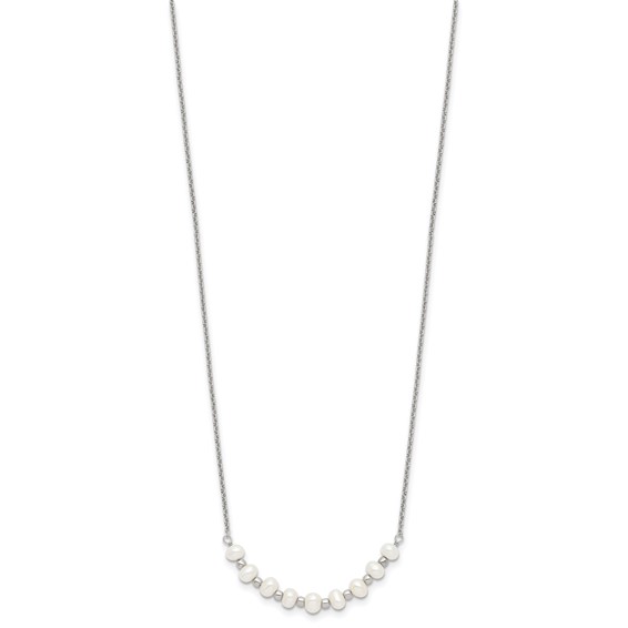Sterling Silver Polished & Beaded 3-4mm Semi-round Freshwater Cultured Pearl Curved Children's Necklace