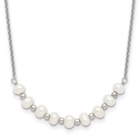 Sterling Silver Polished & Beaded 3-4mm Semi-round Freshwater Cultured Pearl Curved Necklace, 16.5" view 1