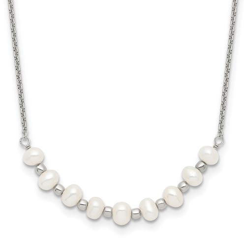 Sterling Silver Polished & Beaded 3-4mm Semi-round Freshwater Cultured Pearl Curved Necklace, 16.5"