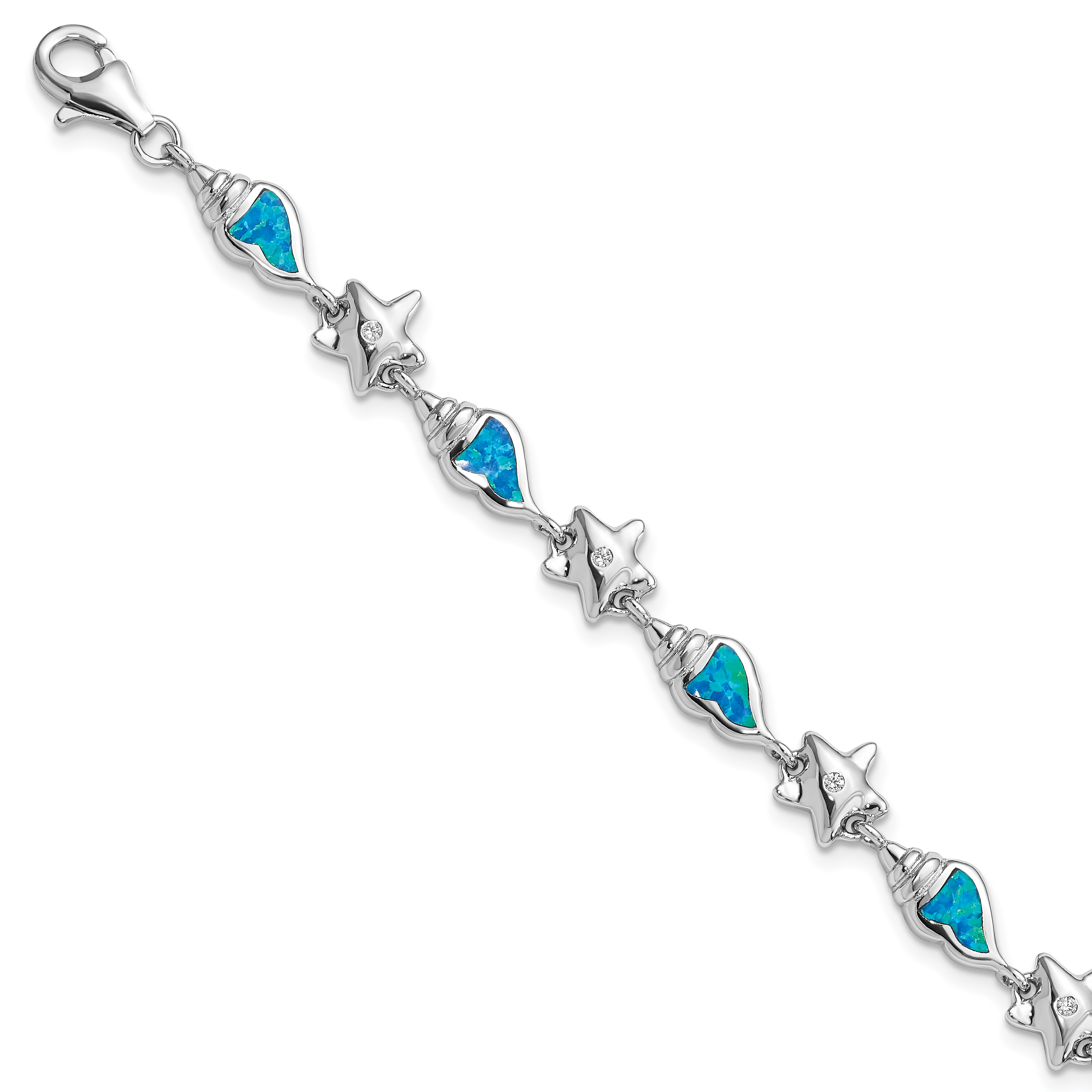 Sterling Silver Rhodium Starfish CZ and Created Opal Seashell 7.25 inch Bracelet (QG3987-7.25)