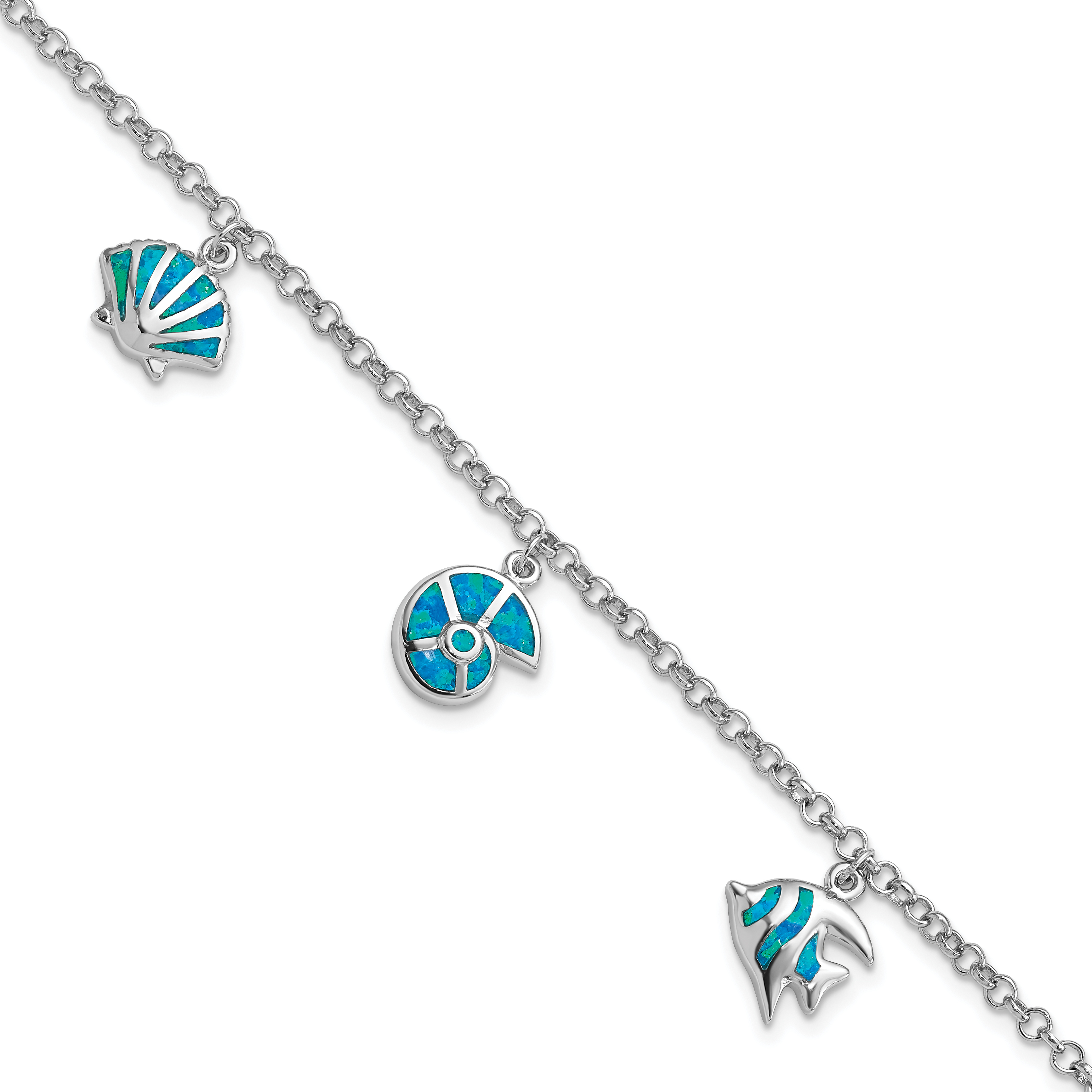 Sterling Silver Rhodium Created Opal Fish and Shells Charm 7.25 inch Bracelet (QG3989-7.25)
