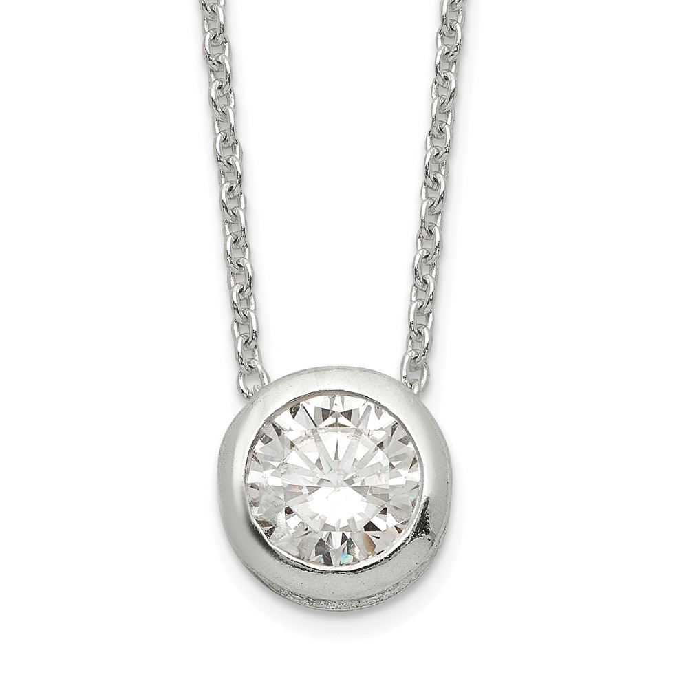 Sterling Silver Polished Bezel-set 9mm Round CZ Necklace, 18"