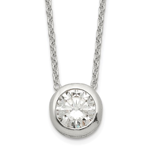 Sterling Silver Polished Bezel-set 9mm Round CZ Necklace, 18"