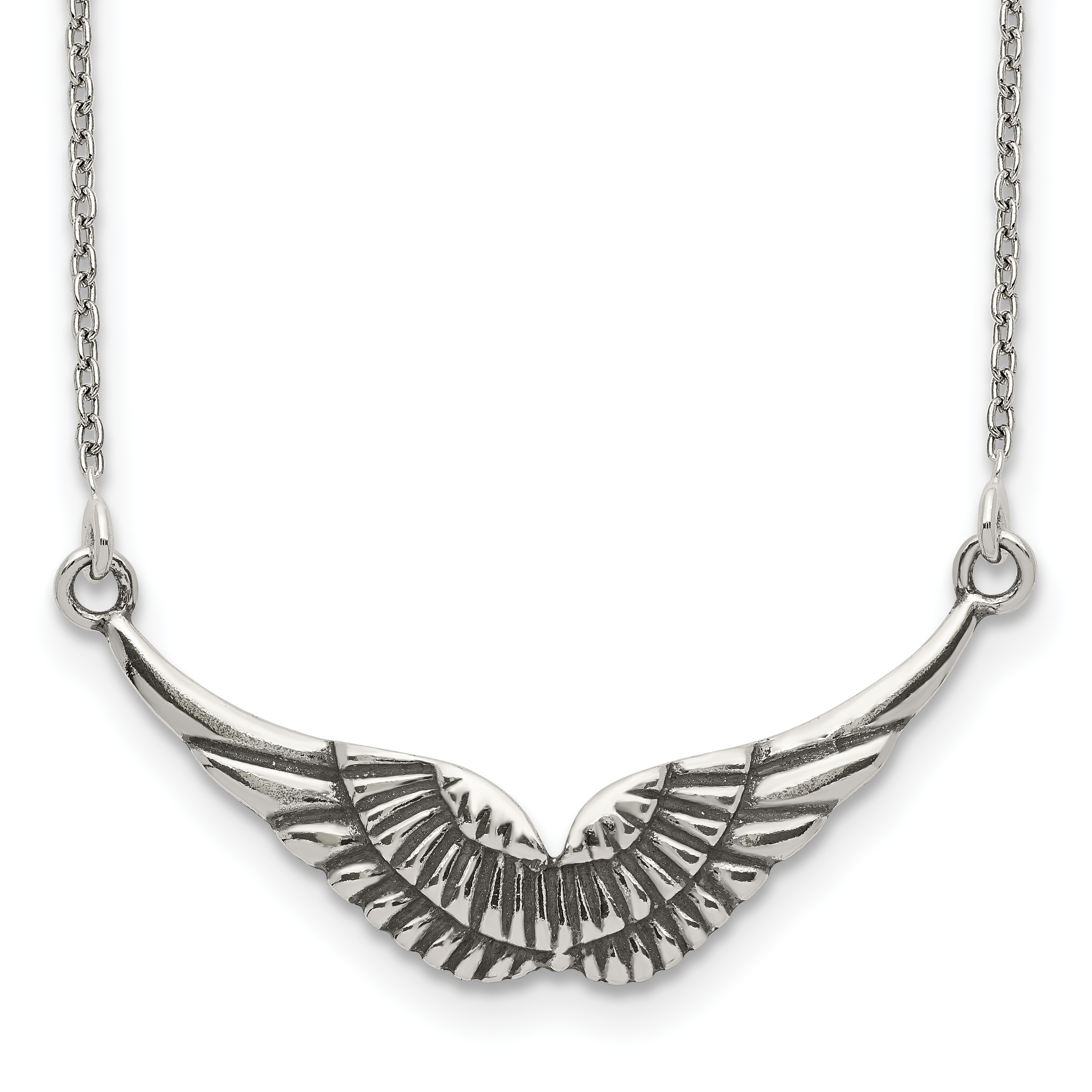 Sterling Silver Polished and Antiqued Wings Necklace (QG3995-18)