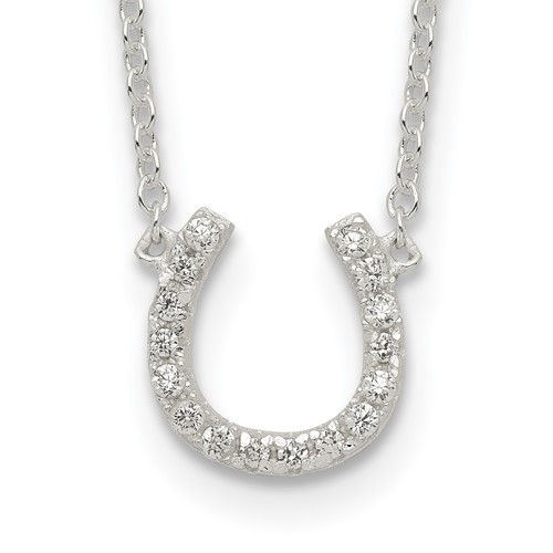 Sterling Silver Polished CZ Horseshoe Necklace with 1 Inch Extension, 16"